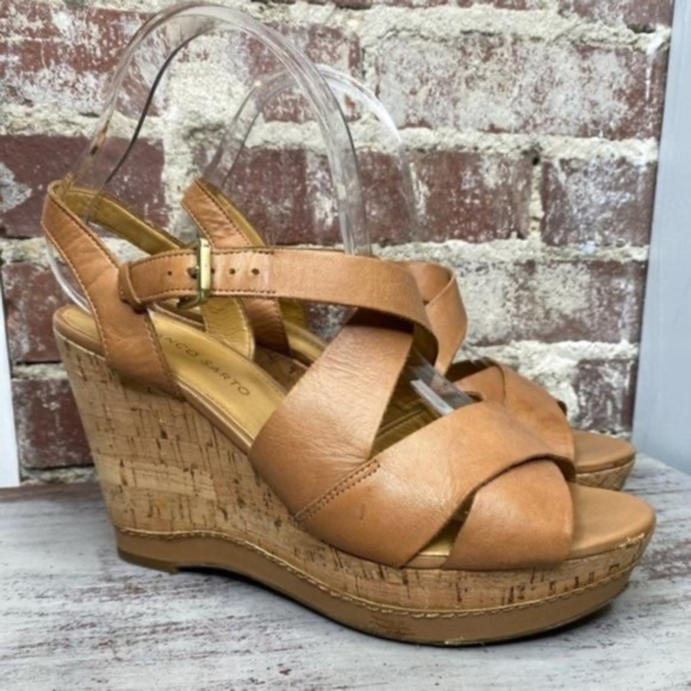 Franco Sarto Shiver Tan Leather Wedge Sandals